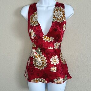 Y2K Womens Medium Fairy Boho Red Floral Satin Babydoll Tie Back Top Indie